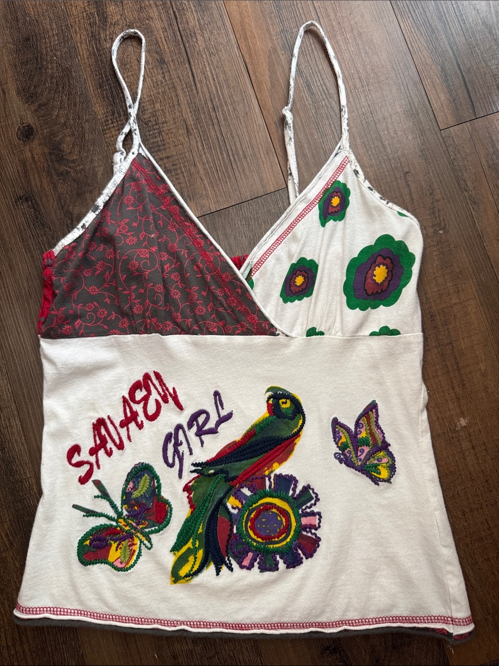 Kessley Embroidered Patchwork Cami Tank Top Parrot Butterfly Boho Y2K